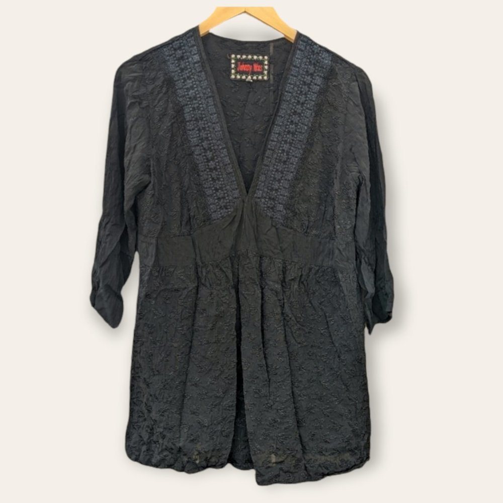 Johnny Was Black Embroidered V-Neck Tunic Blouse